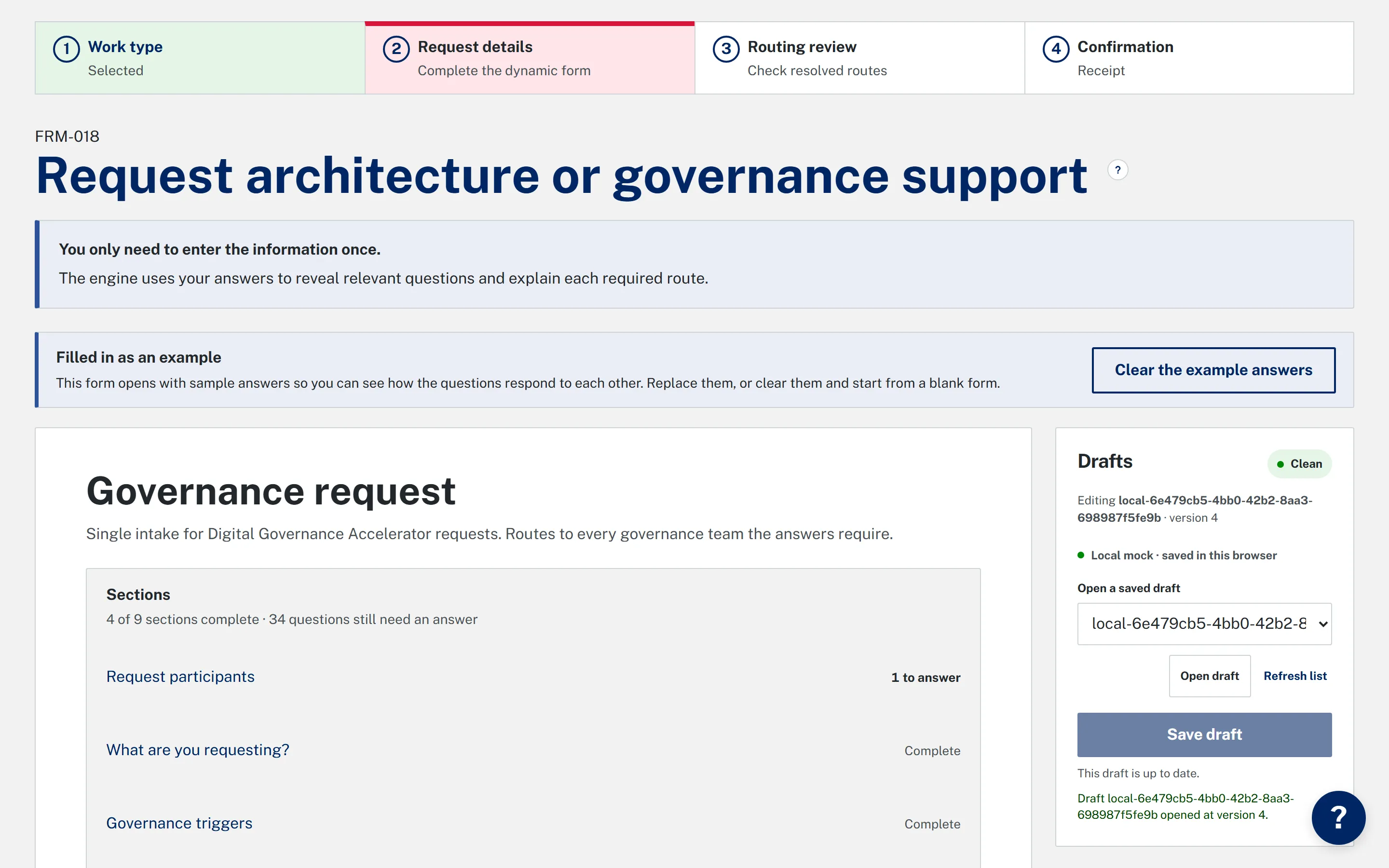 A metadata-driven intake form in the NSW showcase, its sections and questions rendered from a form definition