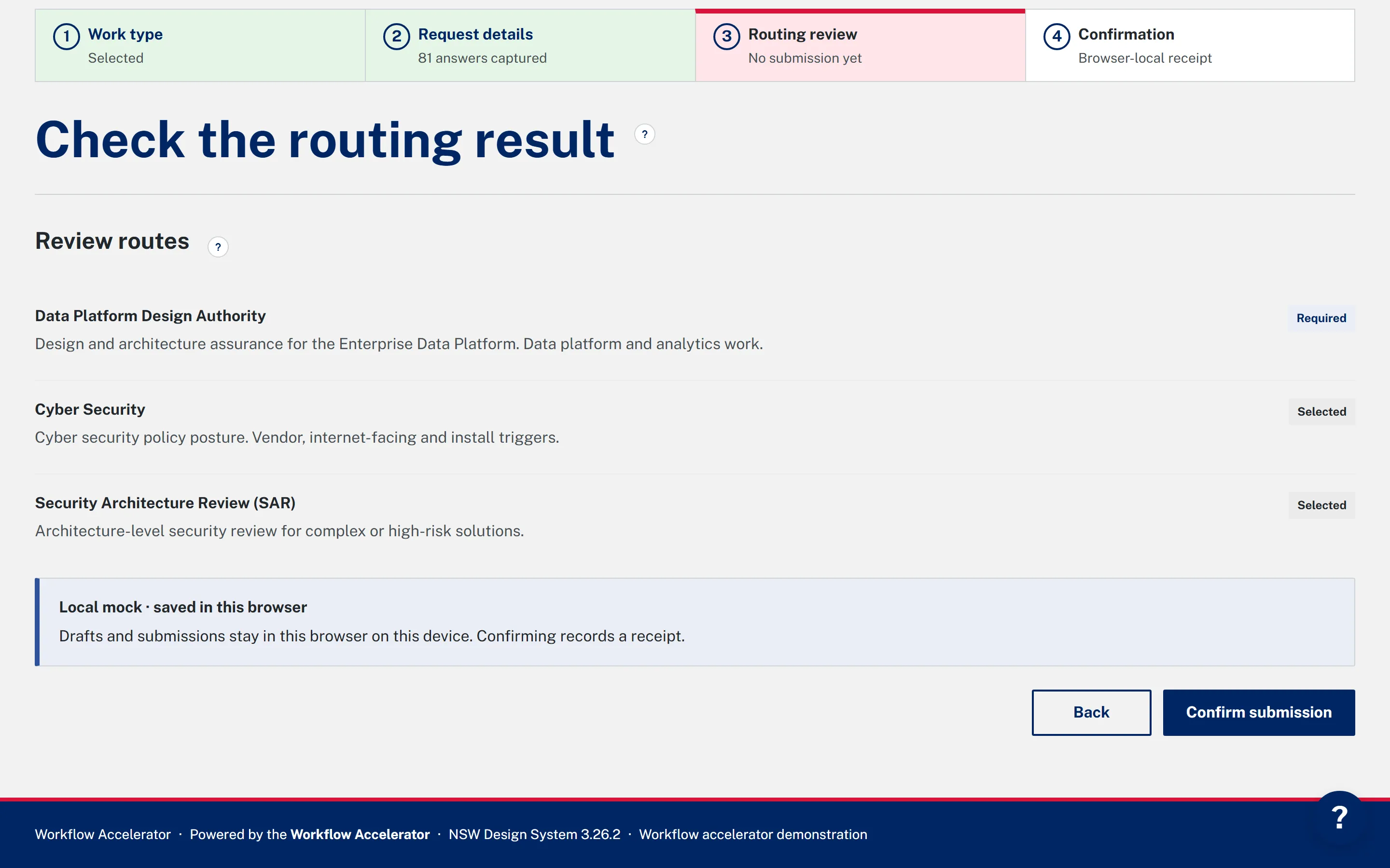 The routing review screen in the NSW showcase, listing the assessment teams a request resolved to with each route marked required or selected