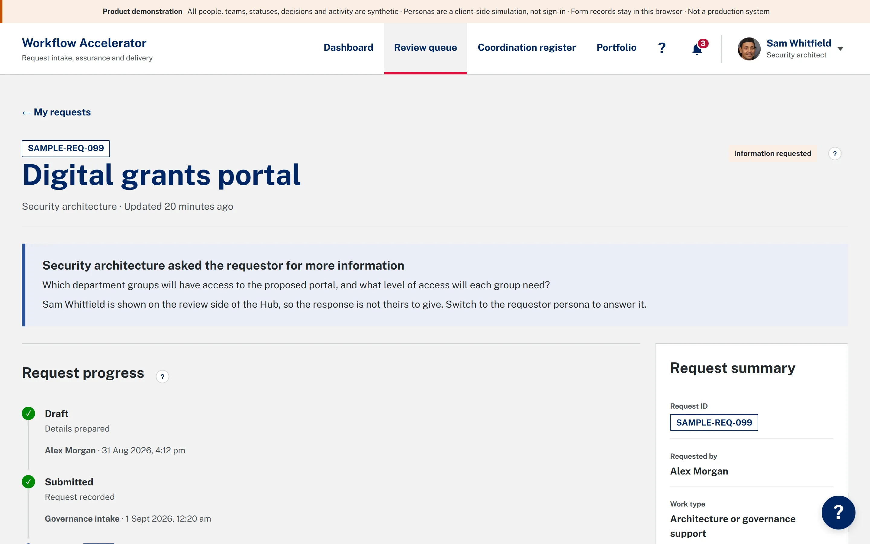 A reviewer assessing a request in the NSW showcase, with the request progress timeline, its summary and an outstanding information request