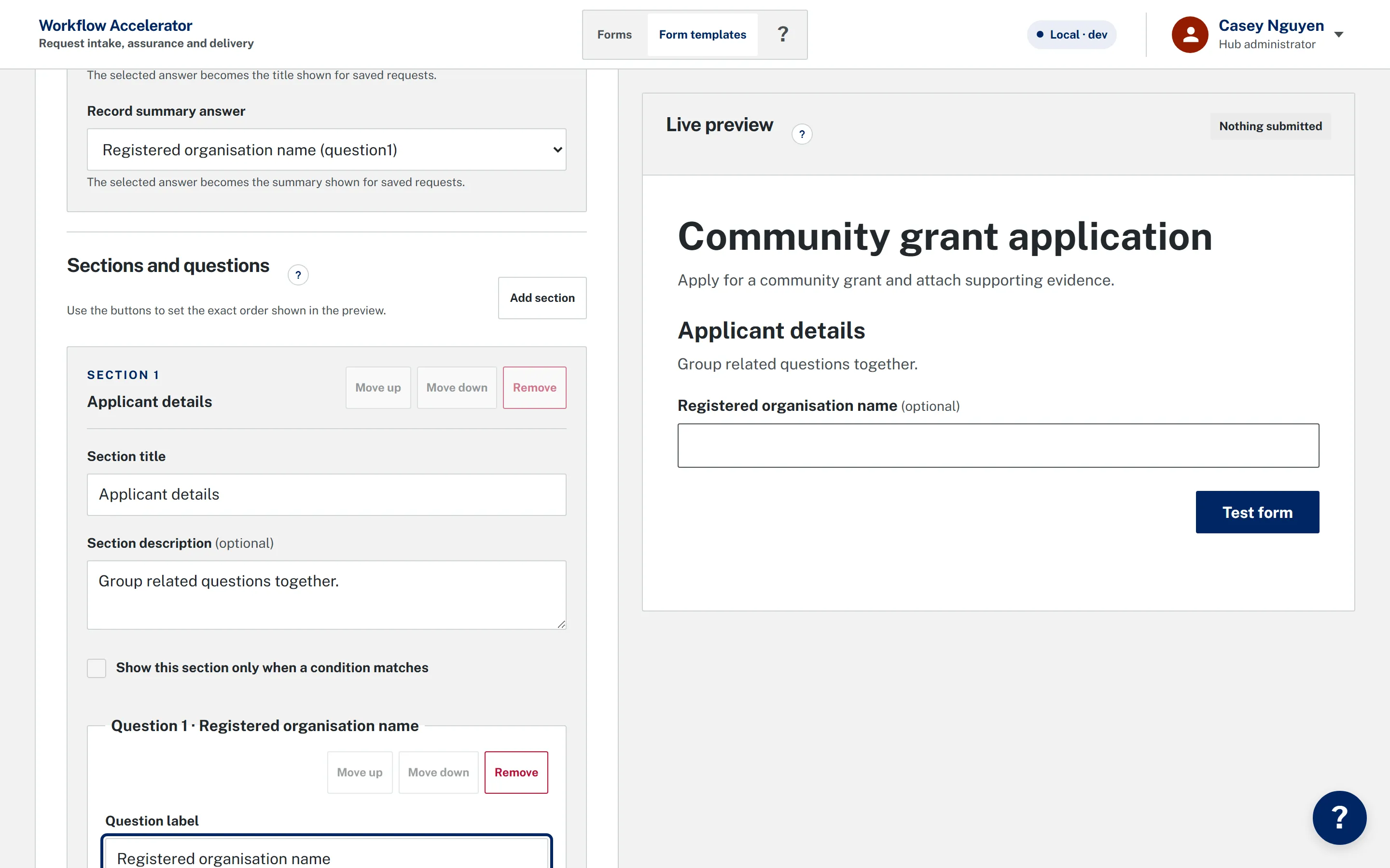 The form authoring studio in the NSW showcase, with the section and question editor beside a live preview