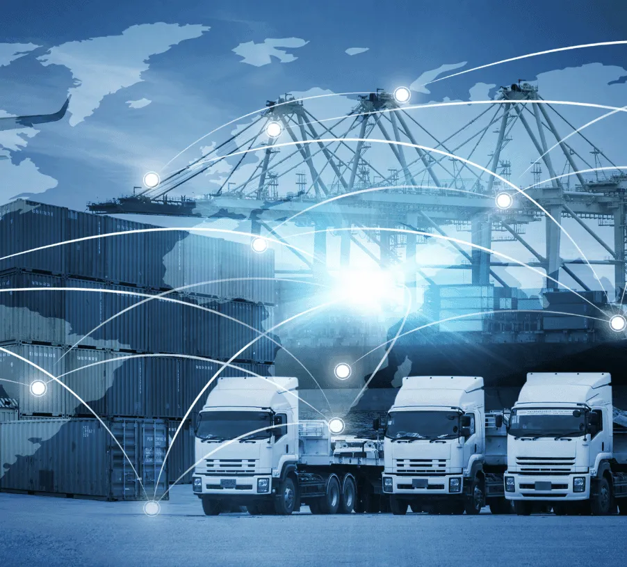 Illustration of freight vehicles and port infrastructure connected across a map