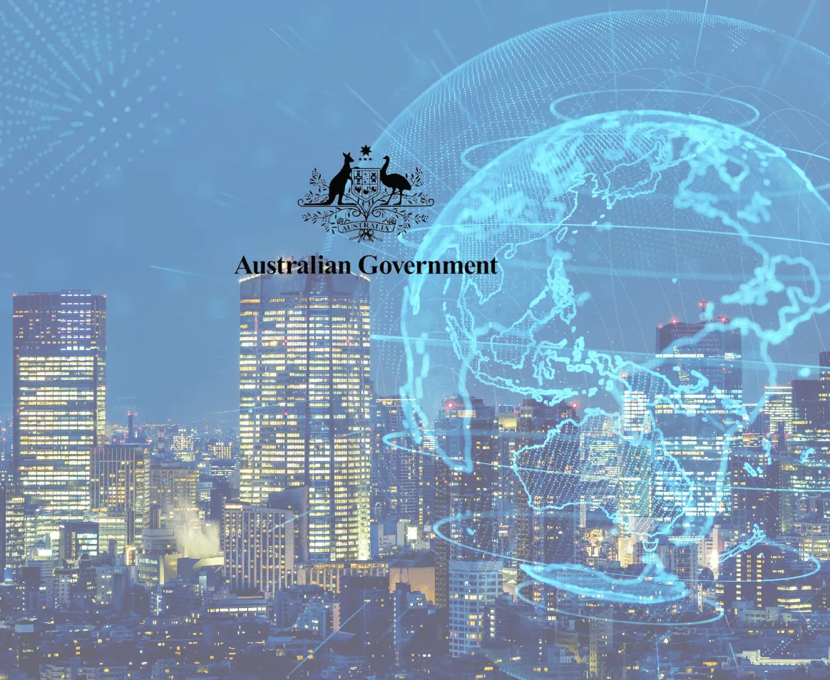 Australian Government wordmark over a city skyline and a glowing data globe