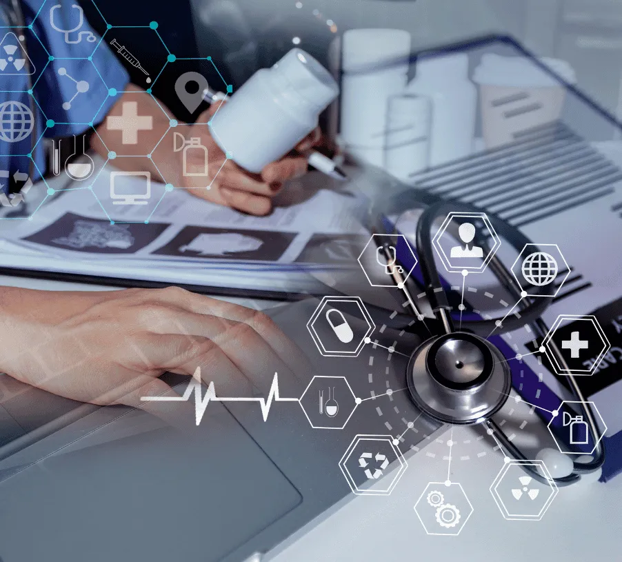 Healthcare records, equipment, and data symbols