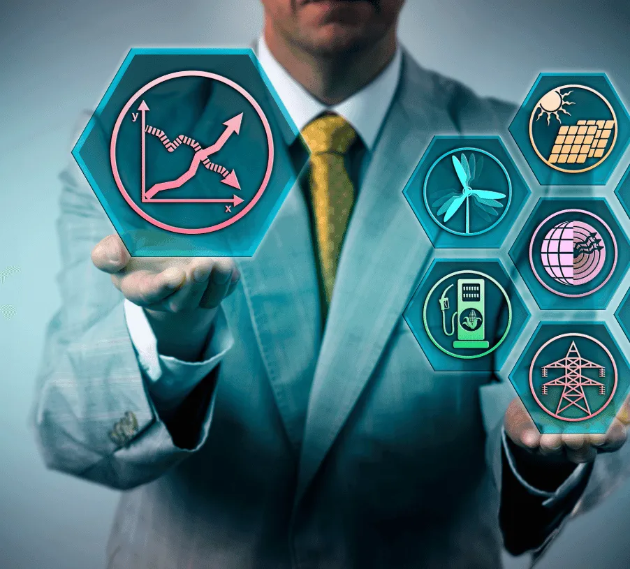 Illustration of energy sources feeding into analytics dashboards