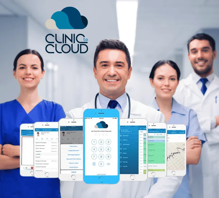 Clinic to Cloud team, logo, and application screens