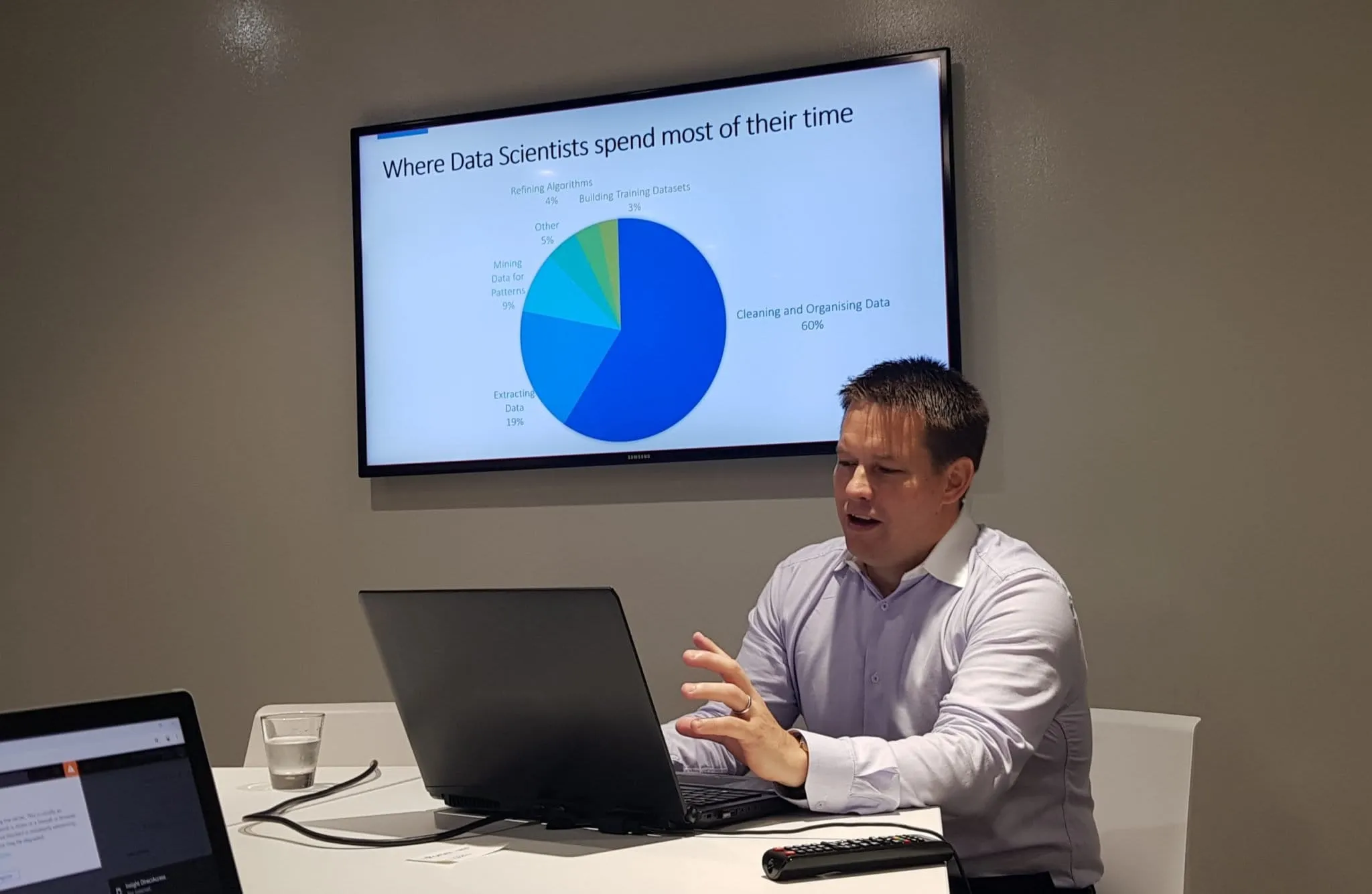 Presenter and screen from the Titanic survival prediction Tech Talk