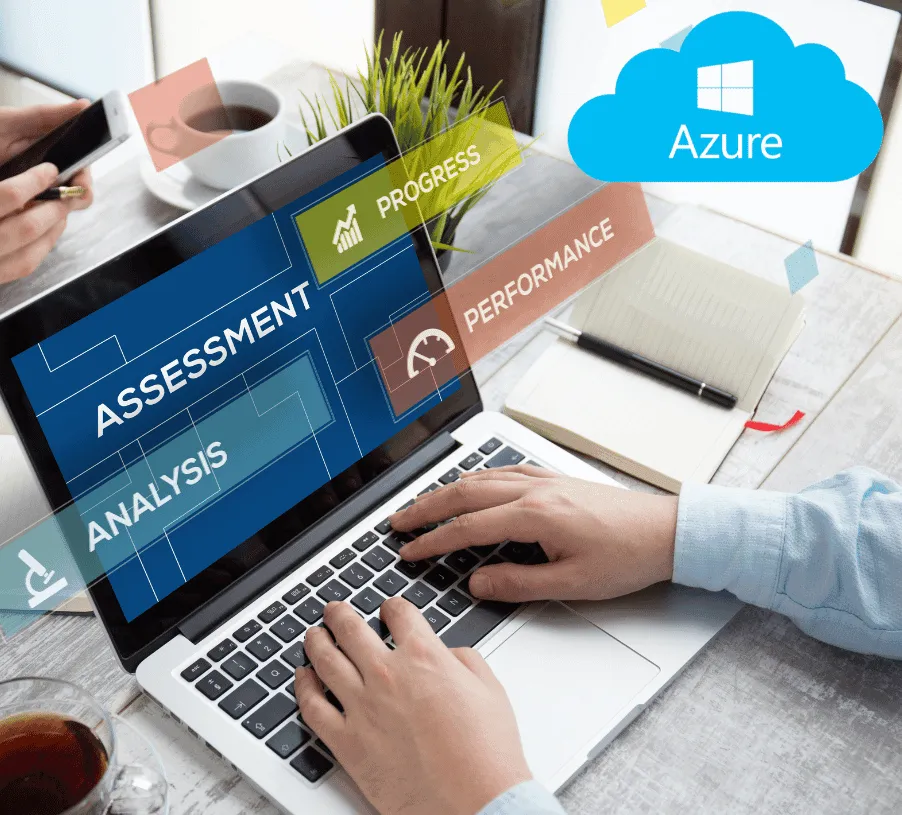 Laptop displaying an Azure assessment illustration with analysis and performance labels
