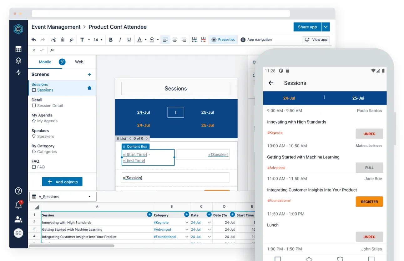 AWS Honeycode interface shown in a 2020 no-code platform comparison