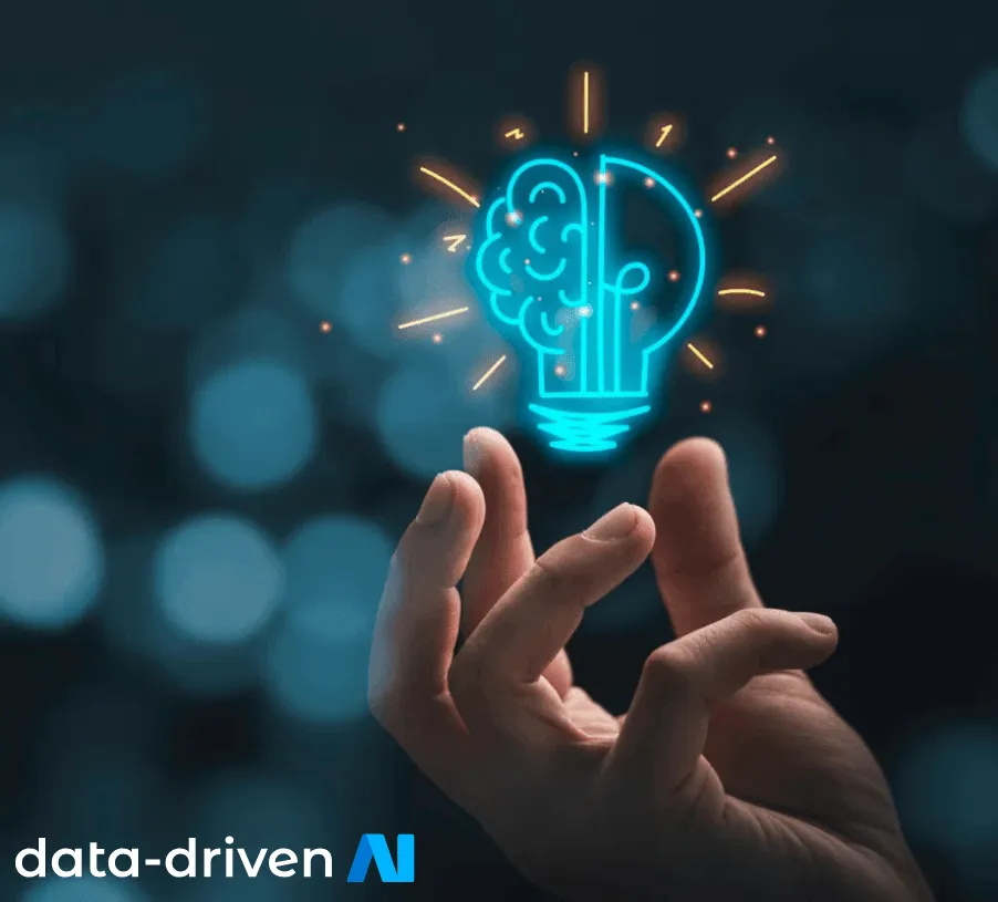 Hand holding a glowing lightbulb with a brain motif, above the Data-Driven wordmark