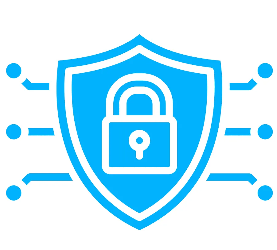 Icon of a padlock on a shield surrounded by circuit lines