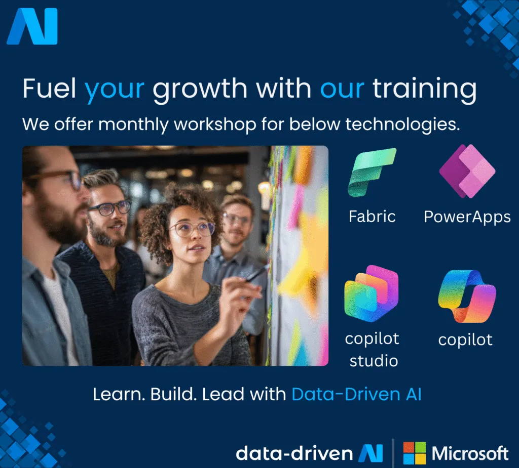 Workshop card showing people at a whiteboard alongside Fabric, Power Apps, Copilot Studio, and Copilot logos