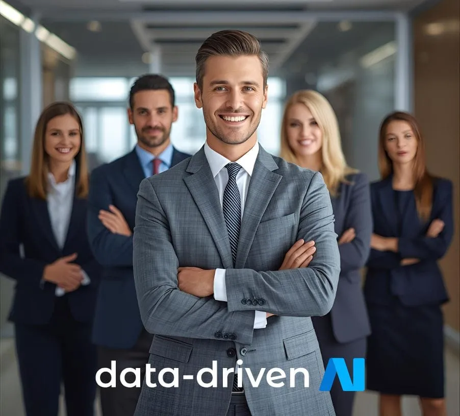 Data-Driven consulting team standing together in an office