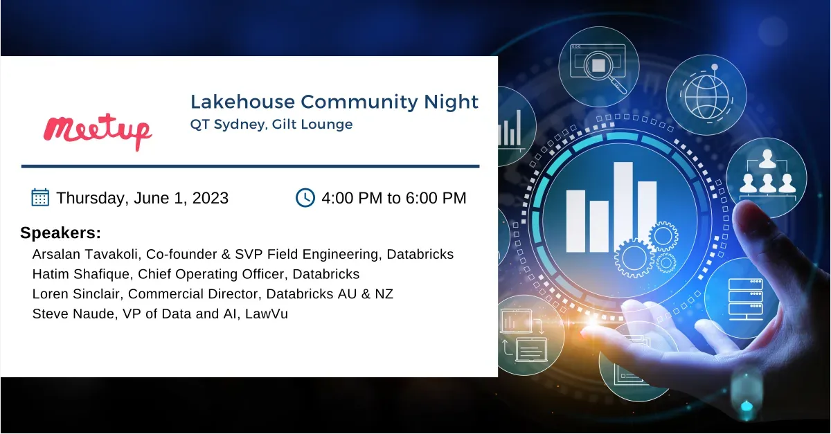 Lakehouse Community Night artwork listing the date, time, and speaker lineup