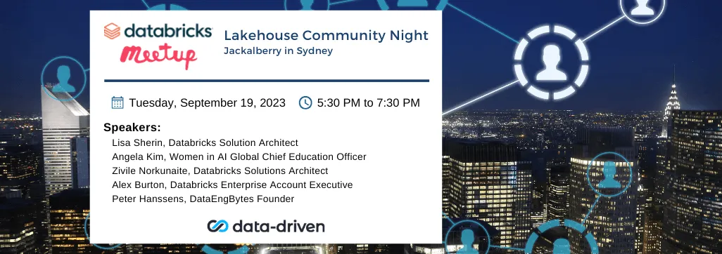 Sydney Lakehouse Community Night artwork listing the date, time, and speakers