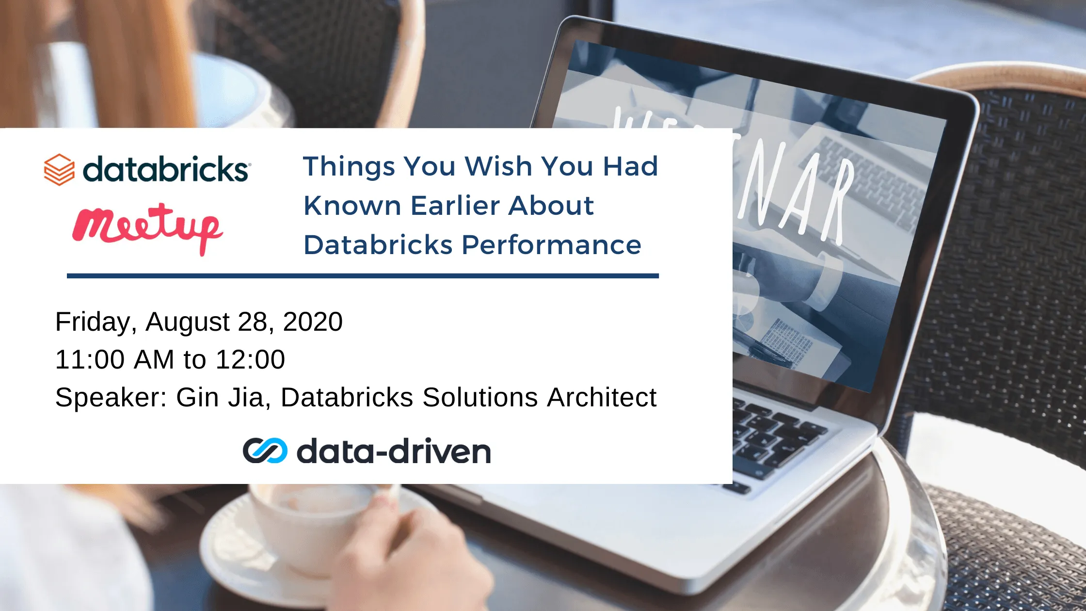 Databricks performance webinar artwork listing the date, time, and speaker