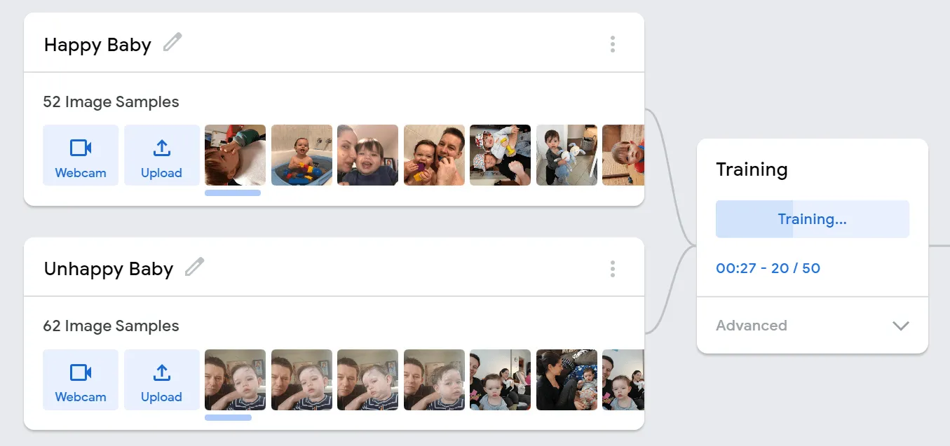 Training examples for a two-class Teachable Machine image model