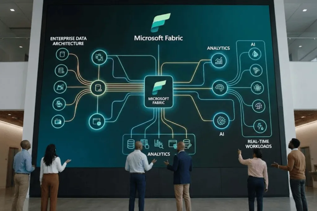 Illustration of people, data platforms, and AI working together