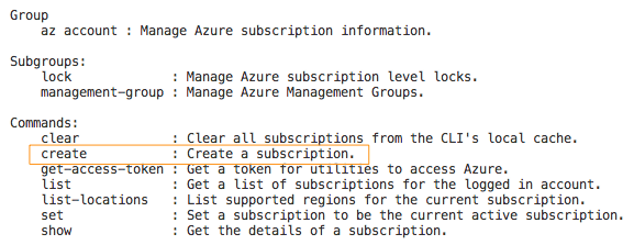 Azure CLI account create command shown after extension installation