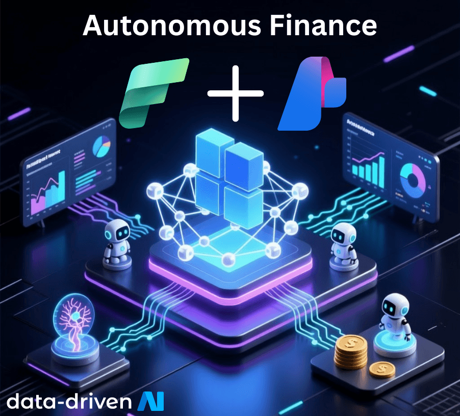Autonomous Finance concept showing Agentic AI and Microsoft Fabric transforming CFO strategy through intelligent data networks.